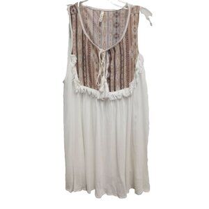 Mittoshop Womens Sleeveless BOHO Tunic Top Medium White Aztec Fringe ‎ Peasant